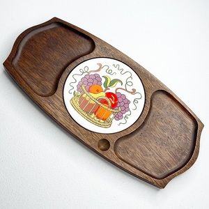 Vintage Gail Craft Cheeseboard Wood & Ceramic Tile Appetizer Serving Tray MCM